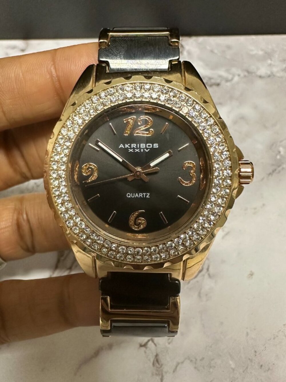 Akribos XXIV Watch Women Rose Gold Tone Black AK514RG New Battery 6.75"